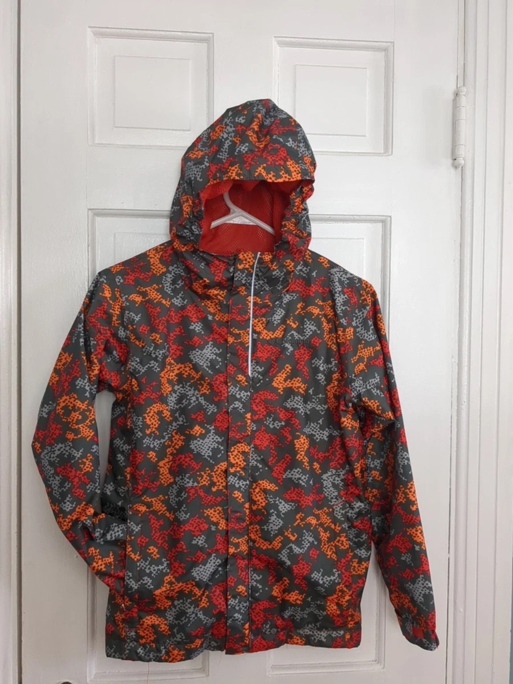 NWOT Kids Hooded Raincoat in Gray with Red & Orange Print Youth L